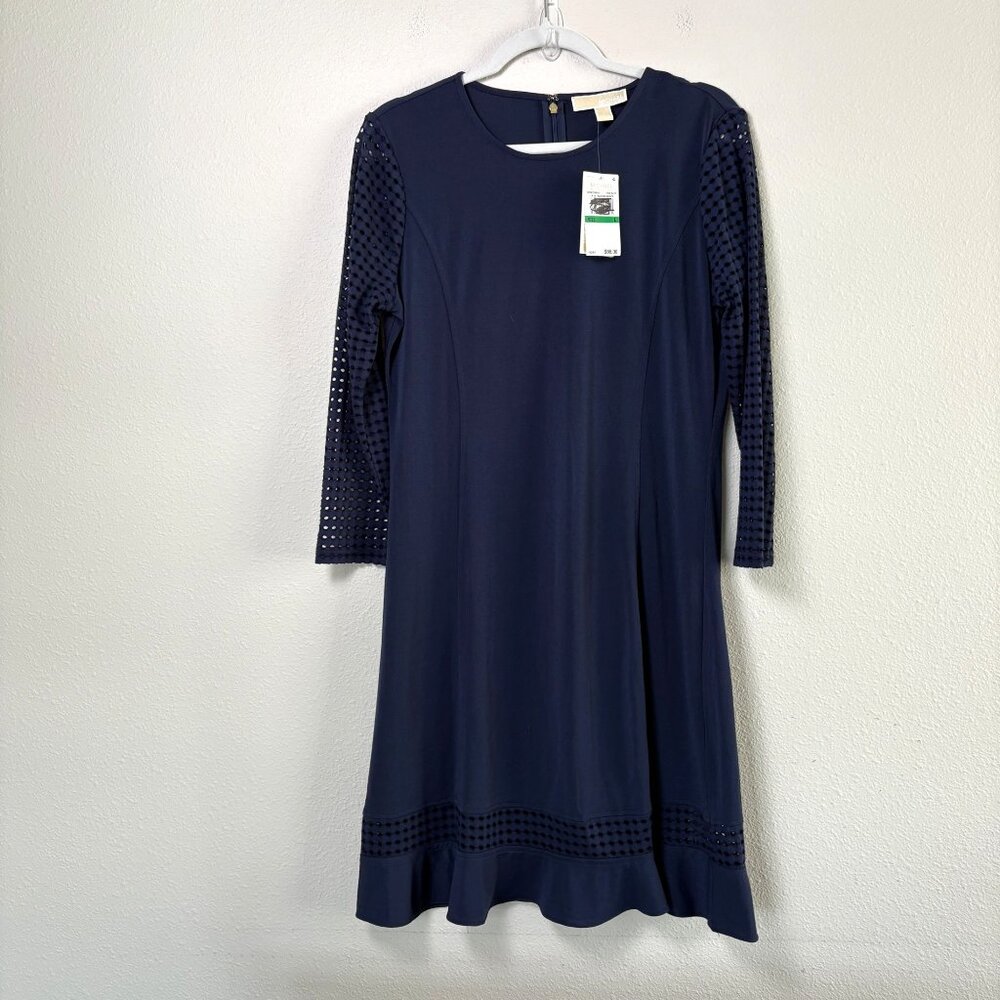 Michael Kors Dress Size L Navy Blue Long Eyelet Sleeve Ruffle Hem NWT‎